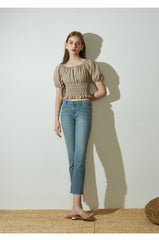 Off-Shoulder Shirred Linen Blouse with Puff Sleeves and Ruffle Hem for Relaxed Feminine Style
