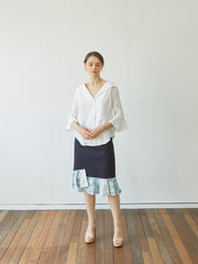 Linen Button-Down Blouse with Flared Sleeves and Sailor Collar – Elegant Women’s Top