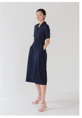 Elegant Button-Front Linen Midi Dress with Short Sleeves and Soft A-Line Silhouette