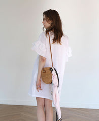 Linen Mini Dress With Ruffled Sleeves And Relaxed Straight Silhouette