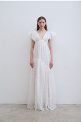 Elegant Full-Length Lace Dress With Delicate Floral Texture And Soft Sheer Overlay