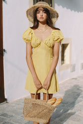 Linen Puff Sleeve Mini Dress with Sweetheart Neckline and Fitted Bodice