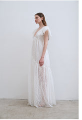 Elegant Full-Length Lace Dress With Delicate Floral Texture And Soft Sheer Overlay