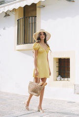 Linen Puff Sleeve Mini Dress with Sweetheart Neckline and Fitted Bodice