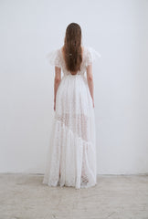 Elegant Full-Length Lace Dress With Delicate Floral Texture And Soft Sheer Overlay