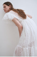 Elegant Full-Length Lace Dress With Delicate Floral Texture And Soft Sheer Overlay