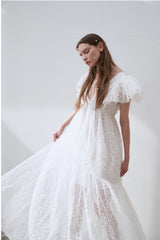 Elegant Full-Length Lace Dress With Delicate Floral Texture And Soft Sheer Overlay