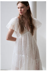 Elegant Full-Length Lace Dress With Delicate Floral Texture And Soft Sheer Overlay