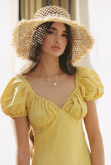 Linen Puff Sleeve Mini Dress with Sweetheart Neckline and Fitted Bodice