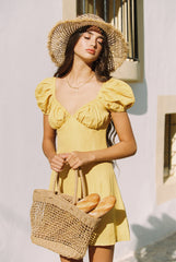 Linen Puff Sleeve Mini Dress with Sweetheart Neckline and Fitted Bodice