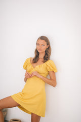 Linen Puff Sleeve Mini Dress with Sweetheart Neckline and Fitted Bodice