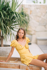 Linen Puff Sleeve Mini Dress with Sweetheart Neckline and Fitted Bodice