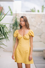 Linen Puff Sleeve Mini Dress with Sweetheart Neckline and Fitted Bodice