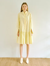 Elegant A-Line Cotton Poplin Shirt Dress with Long Sleeves and Drop-Waist Ruffle Hem