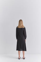 Elegant V-Neck Wrap Style Linen Midi Dress with Long Sleeves and Waist Tie Detail