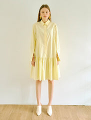 Elegant A-Line Cotton Poplin Shirt Dress with Long Sleeves and Drop-Waist Ruffle Hem