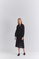 Elegant V-Neck Wrap Style Linen Midi Dress with Long Sleeves and Waist Tie Detail
