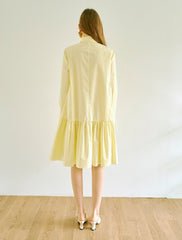 Elegant A-Line Cotton Poplin Shirt Dress with Long Sleeves and Drop-Waist Ruffle Hem