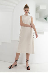 Sleeveless Linen Midi Dress With Side Button Details And Relaxed Fit For Minimalist Summer Style