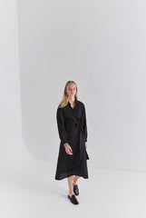 Elegant V-Neck Wrap Style Linen Midi Dress with Long Sleeves and Waist Tie Detail