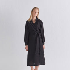 Elegant V-Neck Wrap Style Linen Midi Dress with Long Sleeves and Waist Tie Detail