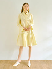 Elegant A-Line Cotton Poplin Shirt Dress with Long Sleeves and Drop-Waist Ruffle Hem