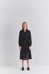 Elegant V-Neck Wrap Style Linen Midi Dress with Long Sleeves and Waist Tie Detail