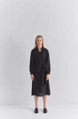 Elegant V-Neck Wrap Style Linen Midi Dress with Long Sleeves and Waist Tie Detail