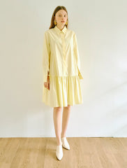 Elegant A-Line Cotton Poplin Shirt Dress with Long Sleeves and Drop-Waist Ruffle Hem