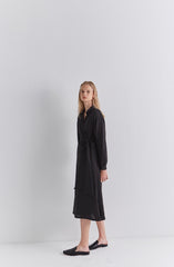 Elegant V-Neck Wrap Style Linen Midi Dress with Long Sleeves and Waist Tie Detail
