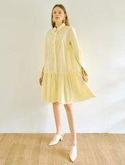 Elegant A-Line Cotton Poplin Shirt Dress with Long Sleeves and Drop-Waist Ruffle Hem