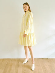 Elegant A-Line Cotton Poplin Shirt Dress with Long Sleeves and Drop-Waist Ruffle Hem