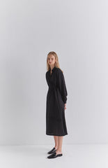 Elegant V-Neck Wrap Style Linen Midi Dress with Long Sleeves and Waist Tie Detail