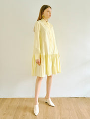 Elegant A-Line Cotton Poplin Shirt Dress with Long Sleeves and Drop-Waist Ruffle Hem