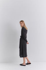 Elegant V-Neck Wrap Style Linen Midi Dress with Long Sleeves and Waist Tie Detail