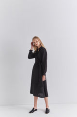 Elegant V-Neck Wrap Style Linen Midi Dress with Long Sleeves and Waist Tie Detail