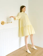 Elegant A-Line Cotton Poplin Shirt Dress with Long Sleeves and Drop-Waist Ruffle Hem