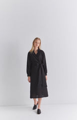 Elegant V-Neck Wrap Style Linen Midi Dress with Long Sleeves and Waist Tie Detail