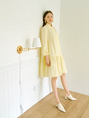 Elegant A-Line Cotton Poplin Shirt Dress with Long Sleeves and Drop-Waist Ruffle Hem