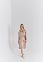 Chic Long Sleeve Wrap Linen Midi Dress with Waist Tie and Button Cuff Detailing