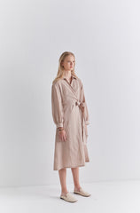 Chic Long Sleeve Wrap Linen Midi Dress with Waist Tie and Button Cuff Detailing