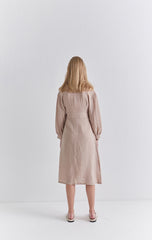 Chic Long Sleeve Wrap Linen Midi Dress with Waist Tie and Button Cuff Detailing