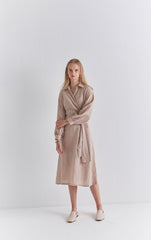 Chic Long Sleeve Wrap Linen Midi Dress with Waist Tie and Button Cuff Detailing
