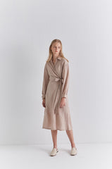 Chic Long Sleeve Wrap Linen Midi Dress with Waist Tie and Button Cuff Detailing