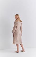 Chic Long Sleeve Wrap Linen Midi Dress with Waist Tie and Button Cuff Detailing
