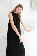 Sleeveless Linen Midi Dress With Side Button Detailing And Straight Silhouette