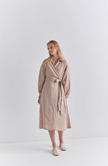 Chic Long Sleeve Wrap Linen Midi Dress with Waist Tie and Button Cuff Detailing