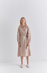 Chic Long Sleeve Wrap Linen Midi Dress with Waist Tie and Button Cuff Detailing