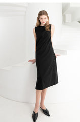 Sleeveless Linen Midi Dress With Side Button Detailing And Straight Silhouette