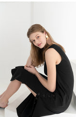 Sleeveless Linen Midi Dress With Side Button Detailing And Straight Silhouette